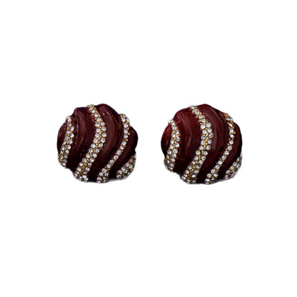 Round Wine Red Enamel Stud Earrings For Women Featuring Zinc Alloy With 925 Sterling Silver Ear Pins