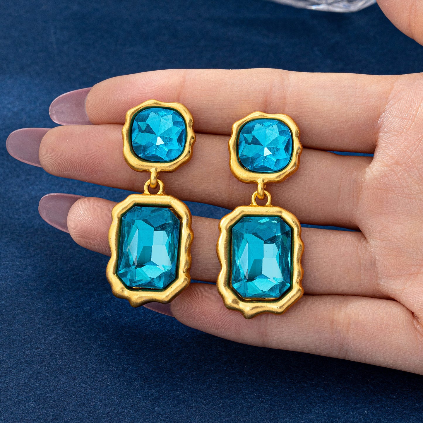 Geometric Blue Crystal Earrings For Women In Zinc Alloy With 925 Sterling Silver Studs