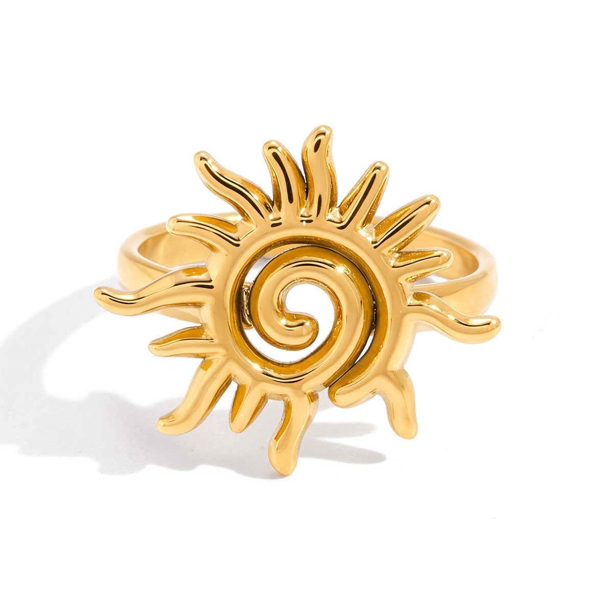 Sun Pattern Unisex Ring In 304 Stainless Steel With Real Gold Plated PVD Coating, Waterproof Non Tarnish, Featuring Zircon Inlay