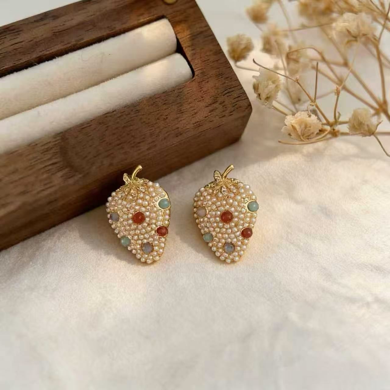 Strawberry Stud Earrings For Women Featuring 925 Sterling Silver Ear Pins And Zinc Alloy With Gem Inlay In Silver