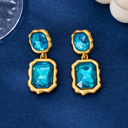 Geometric Blue Crystal Earrings For Women In Zinc Alloy With 925 Sterling Silver Studs