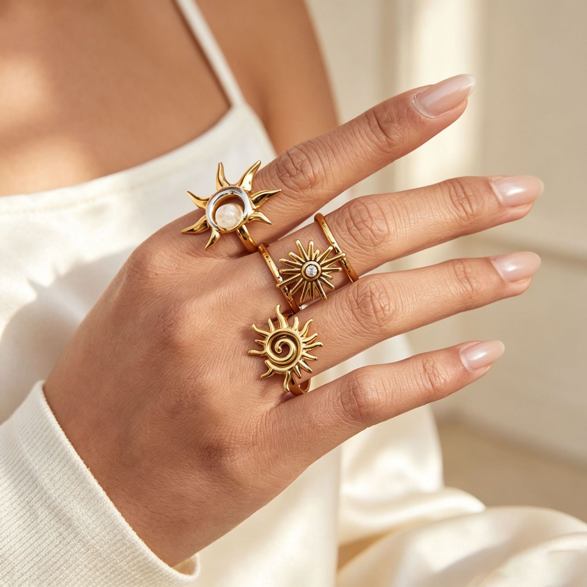 Sun Pattern Unisex Ring In 304 Stainless Steel With Real Gold Plated PVD Coating, Waterproof Non Tarnish, Featuring Zircon Inlay