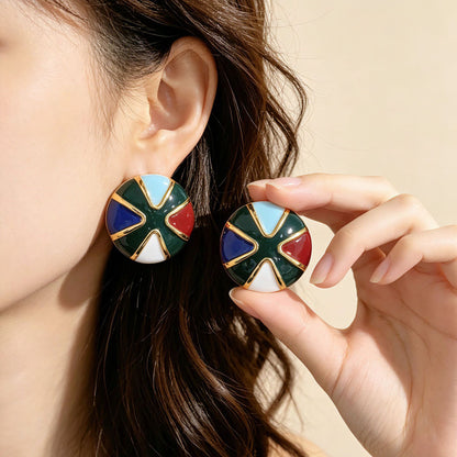 Round Enamel Stud Earrings For Women In Silver Featuring 925 Sterling Silver Ear Pins And Zinc Alloy Material
