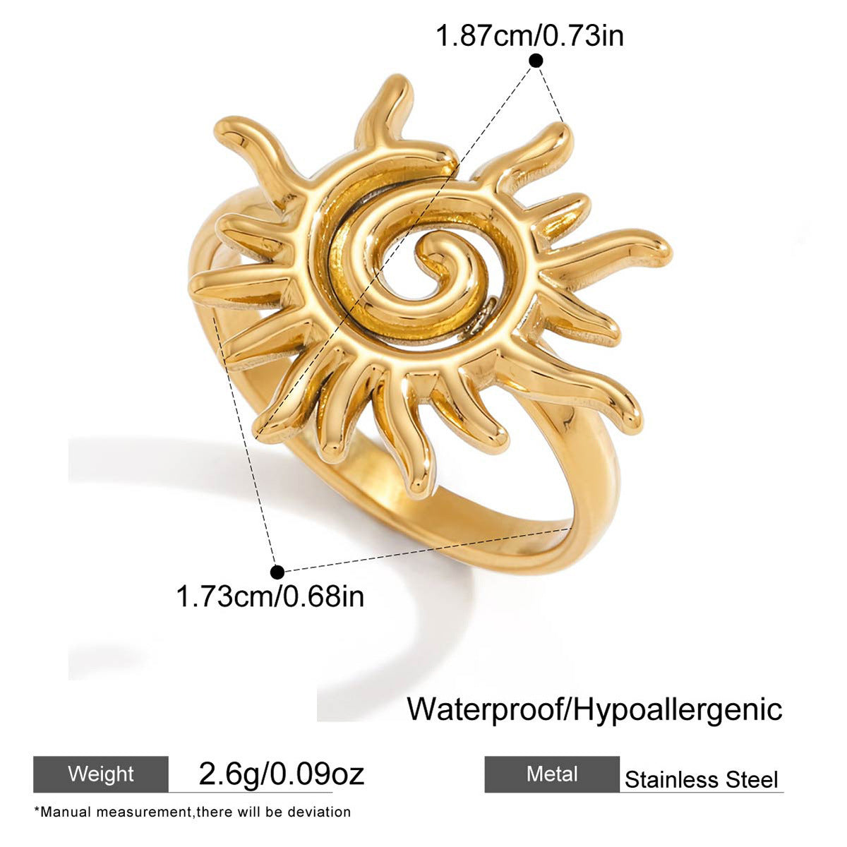 Sun Pattern Unisex Ring In 304 Stainless Steel With Real Gold Plated PVD Coating, Waterproof Non Tarnish, Featuring Zircon Inlay