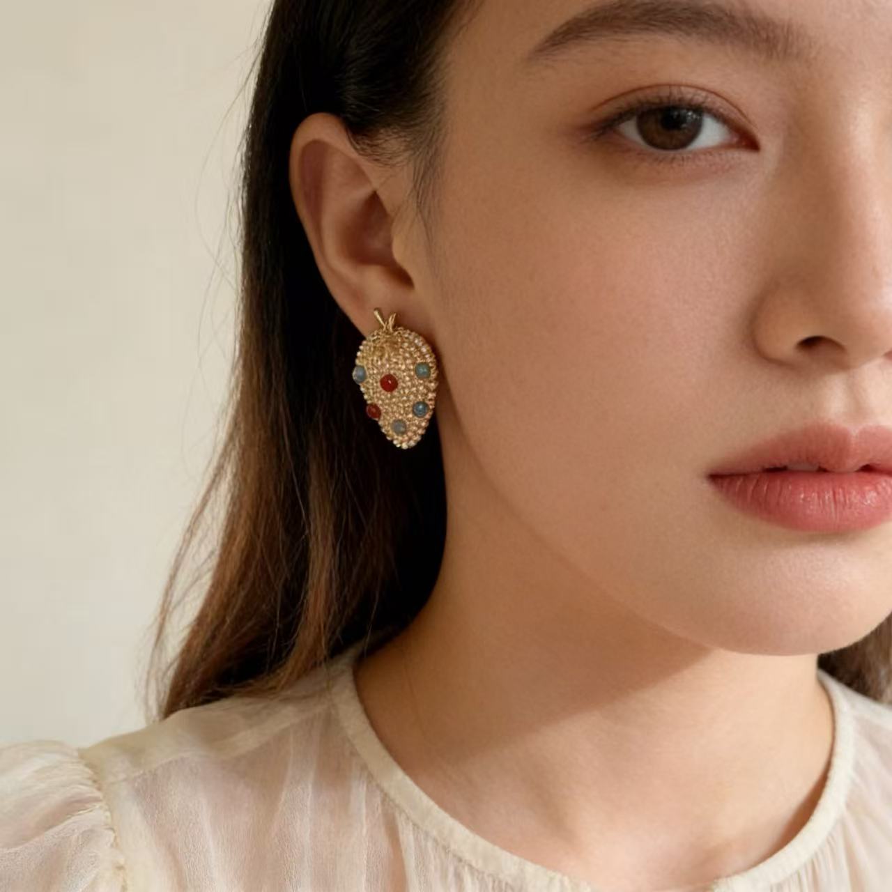 Strawberry Stud Earrings For Women Featuring 925 Sterling Silver Ear Pins And Zinc Alloy With Gem Inlay In Silver