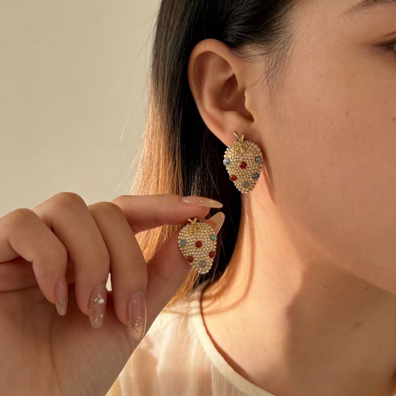 Strawberry Stud Earrings For Women Featuring 925 Sterling Silver Ear Pins And Zinc Alloy With Gem Inlay In Silver