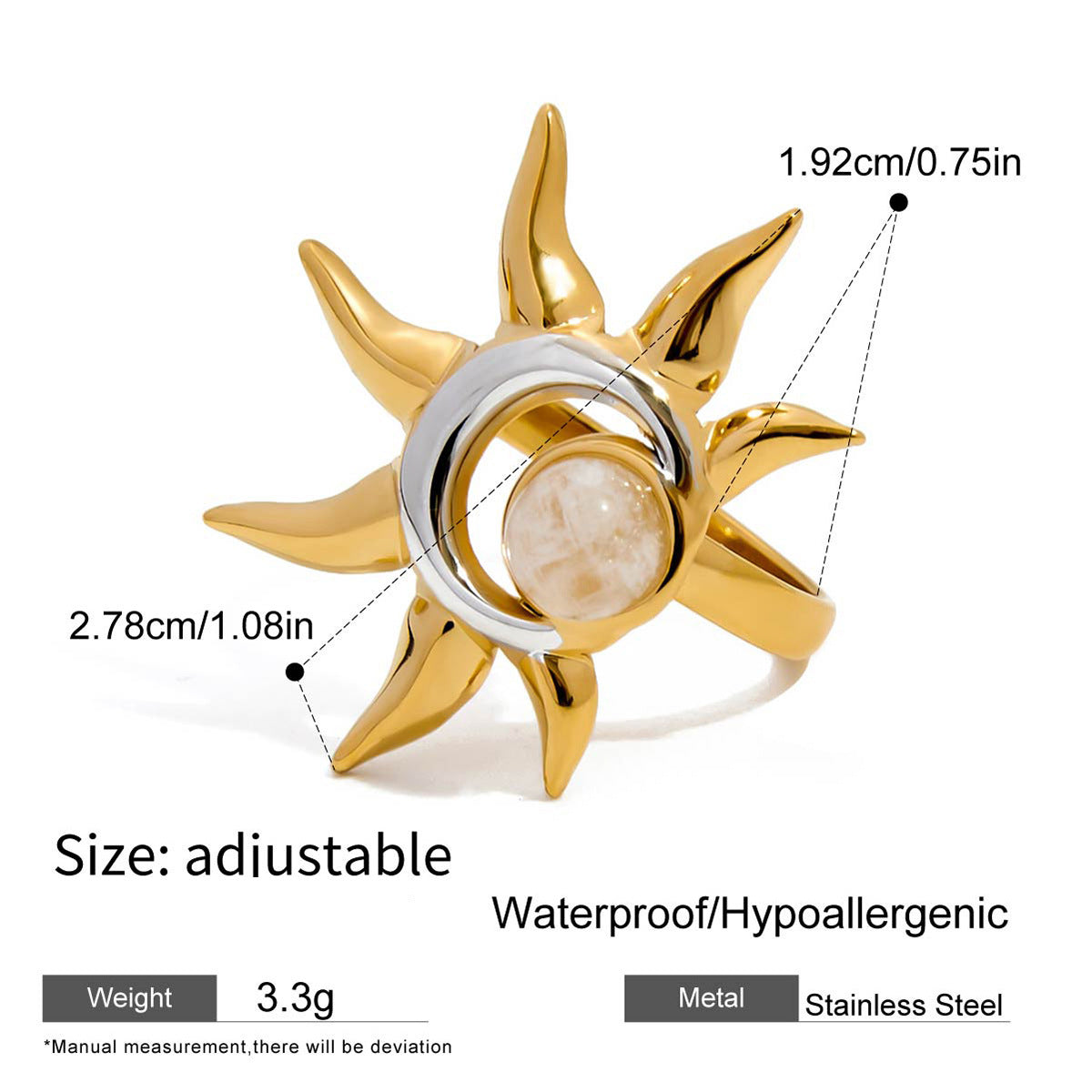 Sun Pattern Unisex Ring In 304 Stainless Steel With Real Gold Plated PVD Coating, Waterproof Non Tarnish, Featuring Zircon Inlay