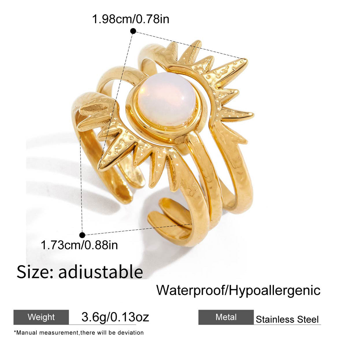 Sun Pattern Unisex Ring In 304 Stainless Steel With Real Gold Plated PVD Coating, Waterproof Non Tarnish, Featuring Zircon Inlay