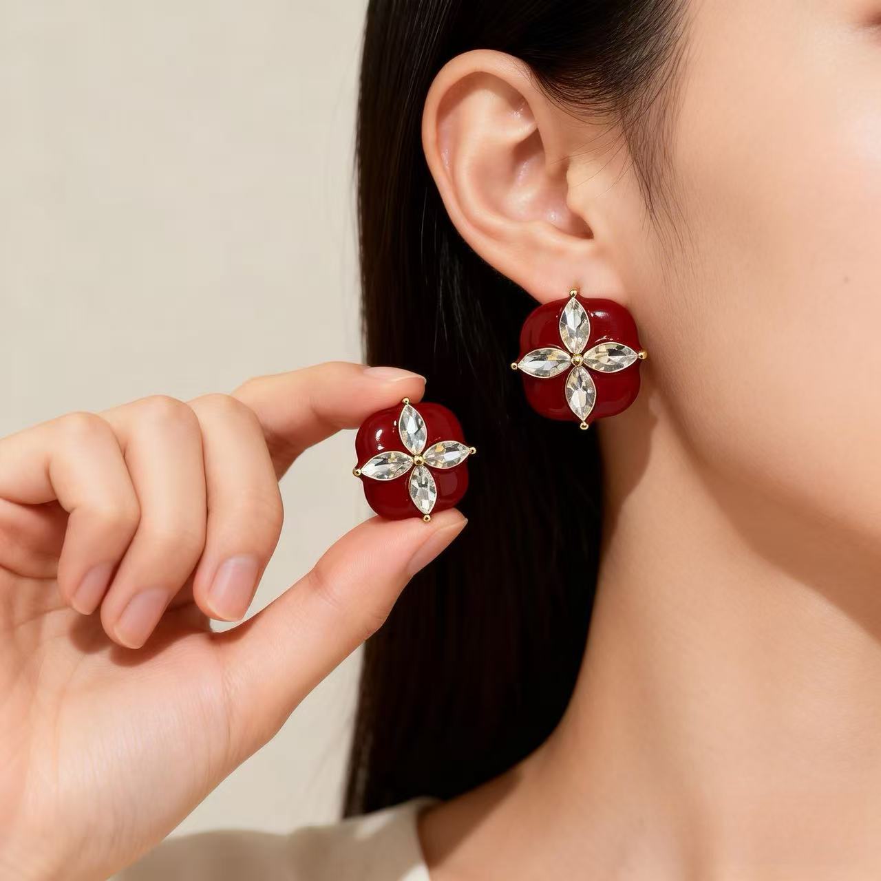 Lucky Heart Stud Earrings For Women In Red Enamel With Zircon Inlay, Featuring 925 Sterling Silver Ear Pins And Zinc Alloy Material