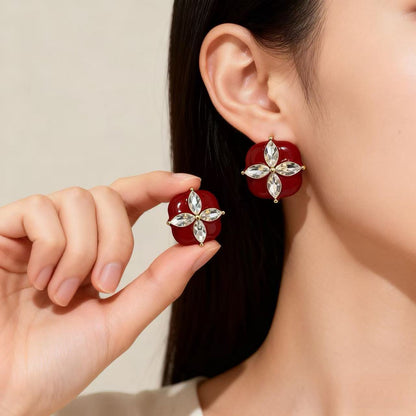 Lucky Heart Stud Earrings For Women In Red Enamel With Zircon Inlay, Featuring 925 Sterling Silver Ear Pins And Zinc Alloy Material