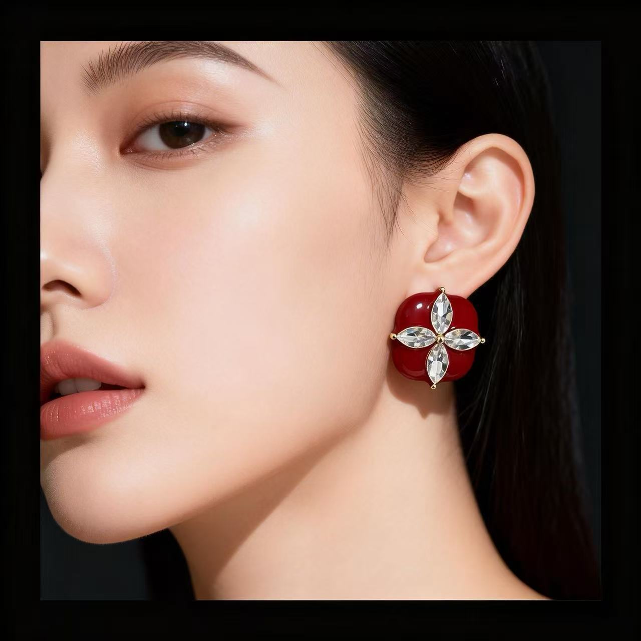 Lucky Heart Stud Earrings For Women In Red Enamel With Zircon Inlay, Featuring 925 Sterling Silver Ear Pins And Zinc Alloy Material