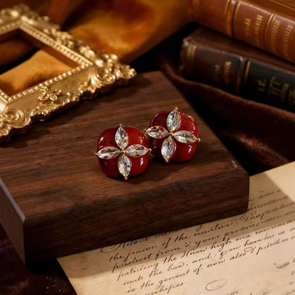 Lucky Heart Stud Earrings For Women In Red Enamel With Zircon Inlay, Featuring 925 Sterling Silver Ear Pins And Zinc Alloy Material