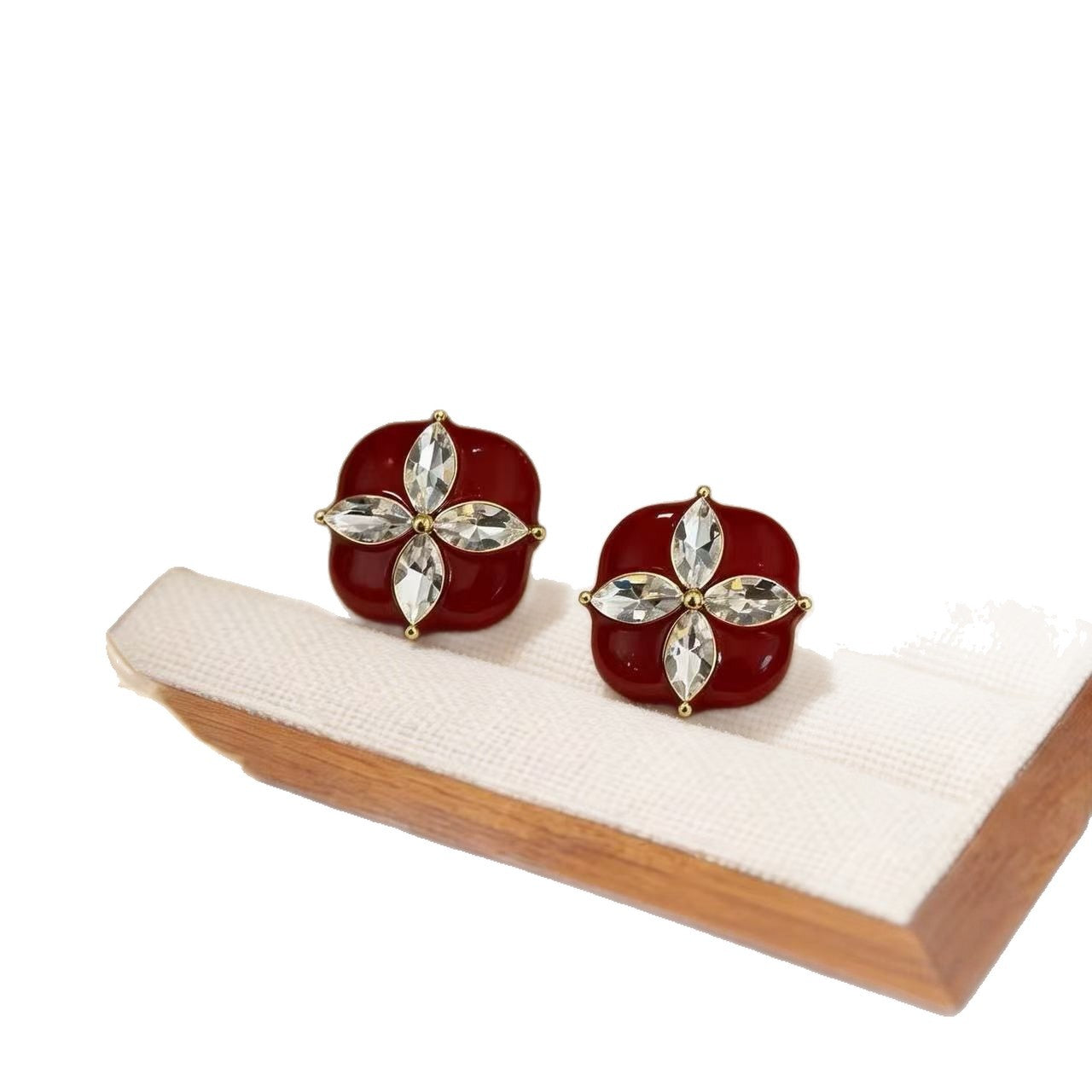 Lucky Heart Stud Earrings For Women In Red Enamel With Zircon Inlay, Featuring 925 Sterling Silver Ear Pins And Zinc Alloy Material