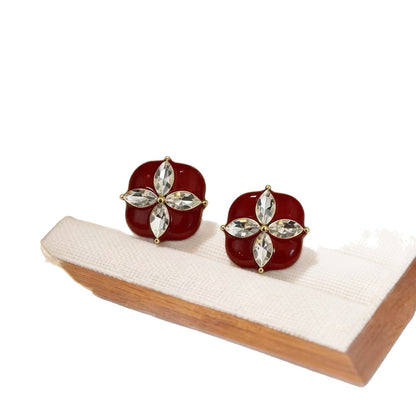Lucky Heart Stud Earrings For Women In Red Enamel With Zircon Inlay, Featuring 925 Sterling Silver Ear Pins And Zinc Alloy Material