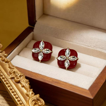 Lucky Heart Stud Earrings For Women In Red Enamel With Zircon Inlay, Featuring 925 Sterling Silver Ear Pins And Zinc Alloy Material