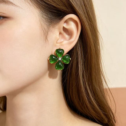 Heart Shape Stud Earrings For Women Featuring May Birthstone Emerald In Retro Style With 925 Sterling Silver Zinc Alloy