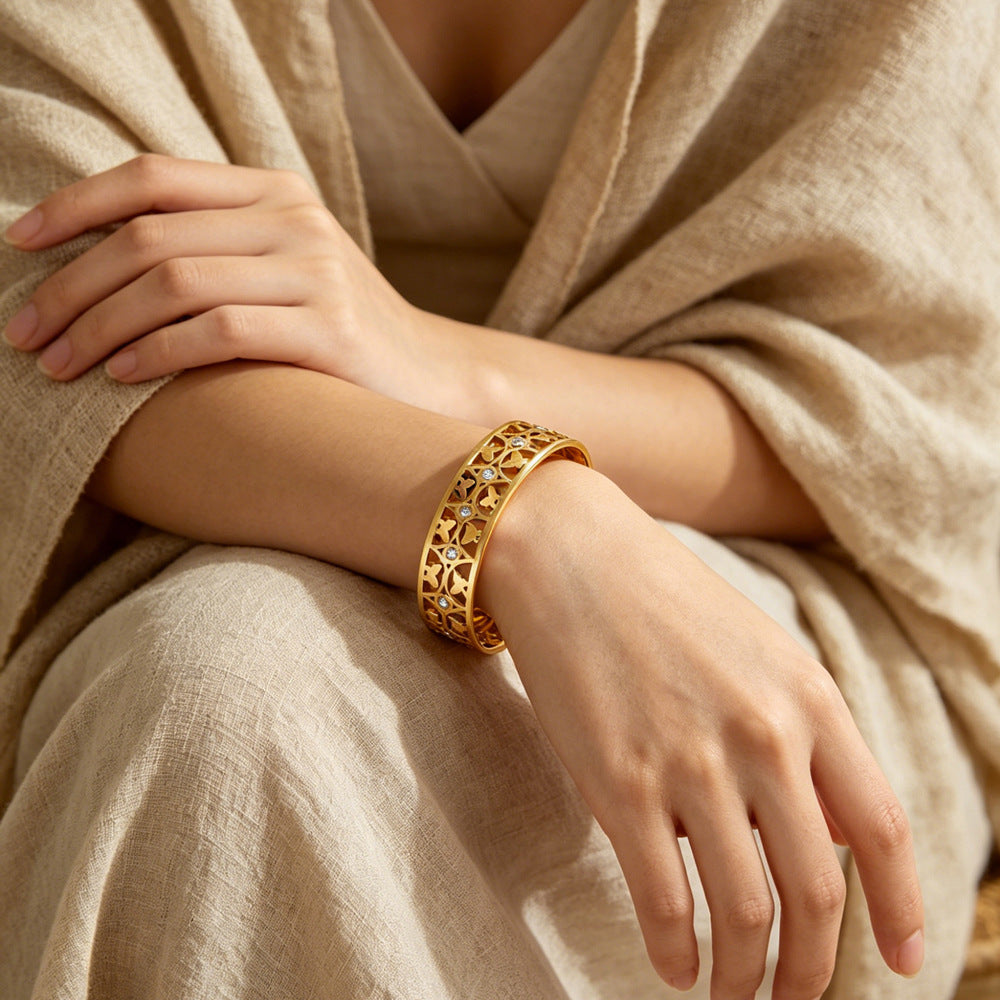 Women’s Wide Butterfly Bracelet Bangle In Gold With Electroplated Titanium Steel And Zircon Inlay