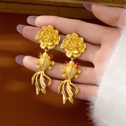 Carp Drop Earrings For Women Featuring Electroplated Zinc Alloy With 925 Sterling Silver Studs In Retro Style