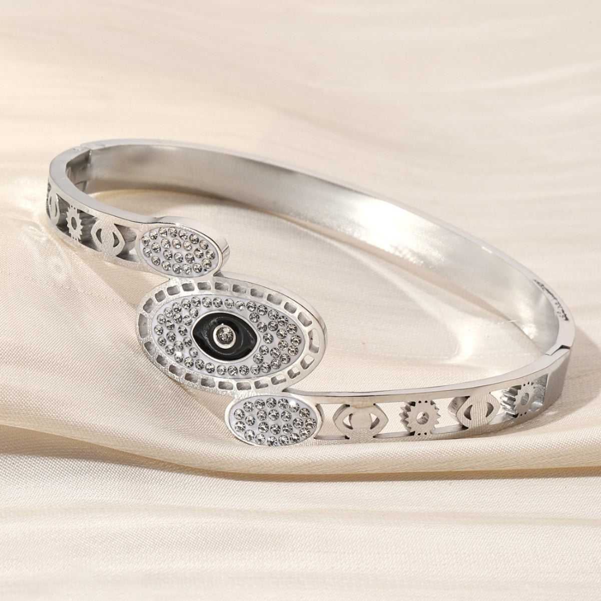 Devil's Eye Inlay Bangle For Women In Gold Titanium Steel With Electroplated Gold Plating