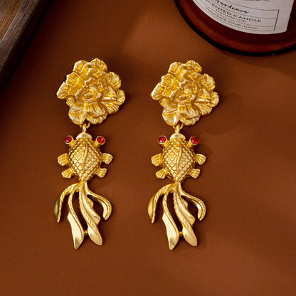 Carp Drop Earrings For Women Featuring Electroplated Zinc Alloy With 925 Sterling Silver Studs In Retro Style