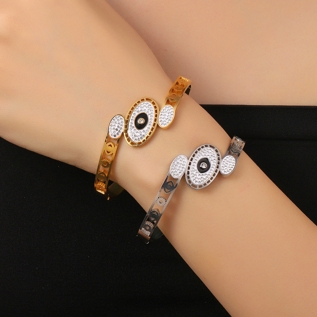 Devil's Eye Inlay Bangle For Women In Gold Titanium Steel With Electroplated Gold Plating