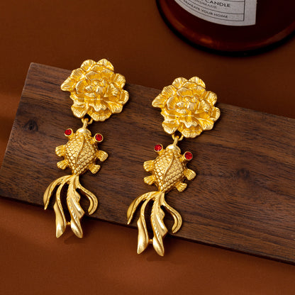 Carp Drop Earrings For Women Featuring Electroplated Zinc Alloy With 925 Sterling Silver Studs In Retro Style