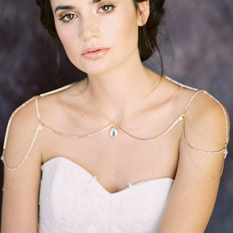 Silver Body Chain For Women Featuring Water Droplets Pattern With White Crystal Rhinestones, Perfect Wedding Back Accessory