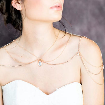 Silver Body Chain For Women Featuring Water Droplets Pattern With White Crystal Rhinestones, Perfect Wedding Back Accessory