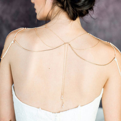 Silver Body Chain For Women Featuring Water Droplets Pattern With White Crystal Rhinestones, Perfect Wedding Back Accessory