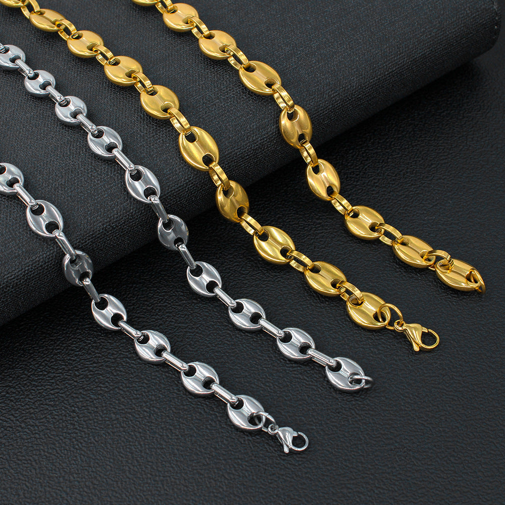 Pig Nose Mariner Link Bracelet With Titanium Steel Coffee Bean Chain, Electroplated, Unisex Design