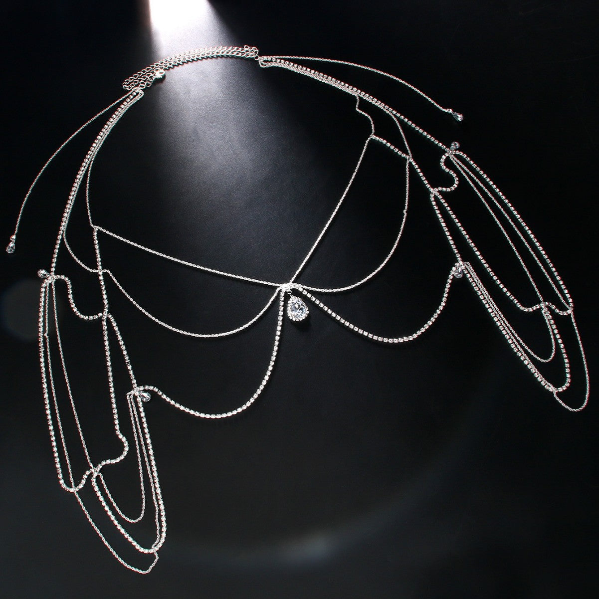 Silver Body Chain For Women Featuring Water Droplets Pattern With White Crystal Rhinestones, Perfect Wedding Back Accessory
