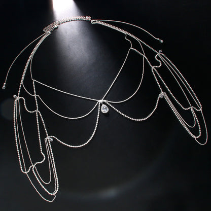 Silver Body Chain For Women Featuring Water Droplets Pattern With White Crystal Rhinestones, Perfect Wedding Back Accessory
