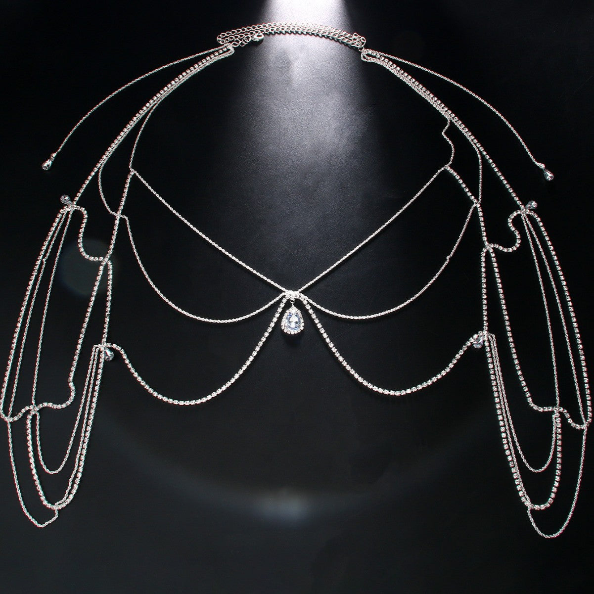 Silver Body Chain For Women Featuring Water Droplets Pattern With White Crystal Rhinestones, Perfect Wedding Back Accessory