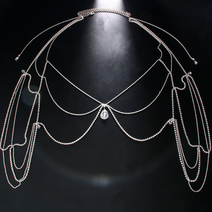 Silver Body Chain For Women Featuring Water Droplets Pattern With White Crystal Rhinestones, Perfect Wedding Back Accessory