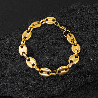 Pig Nose Mariner Link Bracelet With Titanium Steel Coffee Bean Chain, Electroplated, Unisex Design