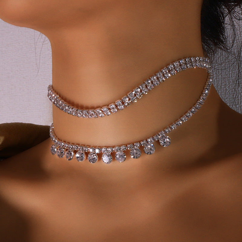 Gold Bow Tie Layered Necklace For Women With Alloy Pendant And Rhinestone Inlay On Tennis Chain