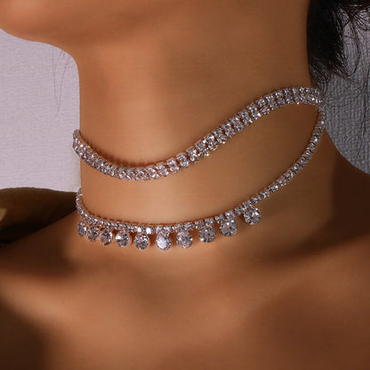 Gold Bow Tie Layered Necklace For Women With Alloy Pendant And Rhinestone Inlay On Tennis Chain