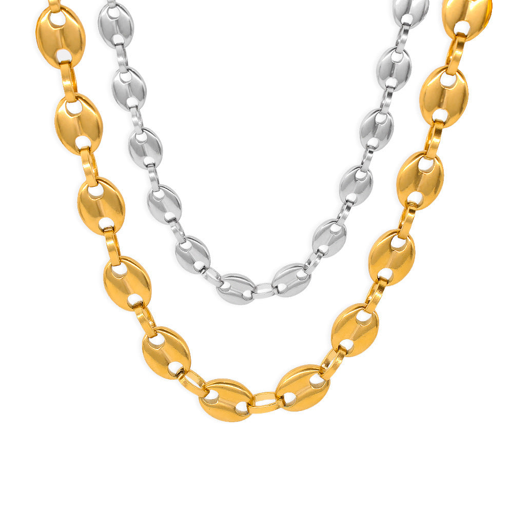 Pig Nose Mariner Link Bracelet With Titanium Steel Coffee Bean Chain, Electroplated, Unisex Design