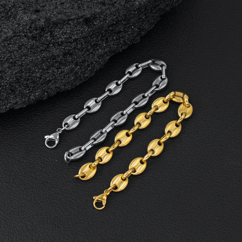 Pig Nose Mariner Link Bracelet With Titanium Steel Coffee Bean Chain, Electroplated, Unisex Design