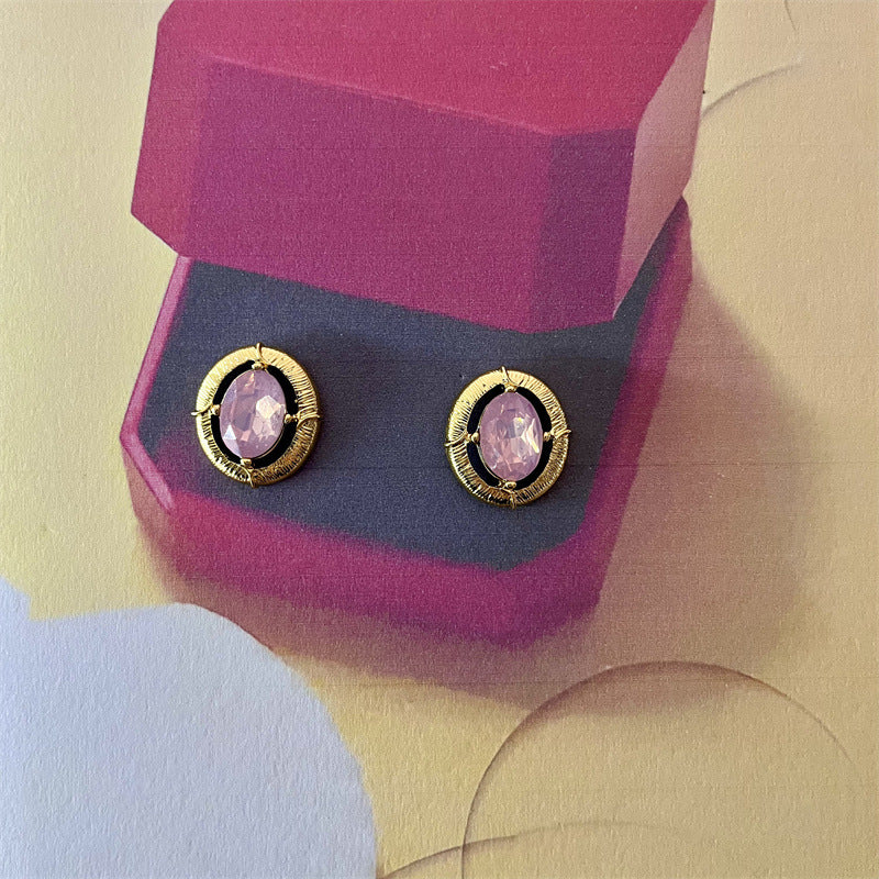 Elaborate Maillard Style Flowers Stud Earrings For Women In Natural Pink With Crystal Inlay, Made Of Zinc Alloy