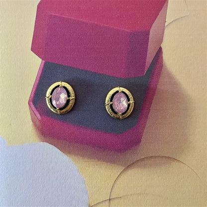 Elaborate Maillard Style Flowers Stud Earrings For Women In Natural Pink With Crystal Inlay, Made Of Zinc Alloy