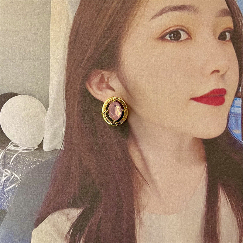 Elaborate Maillard Style Flowers Stud Earrings For Women In Natural Pink With Crystal Inlay, Made Of Zinc Alloy