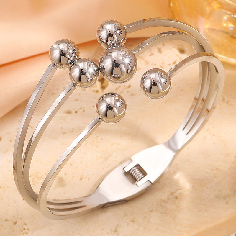 Exaggerated Circle Bangle In Steel Color, Electroplated Titanium Steel With Spring Ring Trigger Clasp Closure