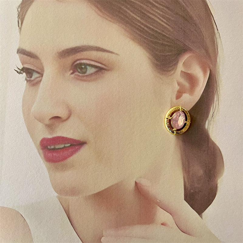 Elaborate Maillard Style Flowers Stud Earrings For Women In Natural Pink With Crystal Inlay, Made Of Zinc Alloy