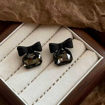Sweet Bow Tie Stud Earrings With Alloy And Crystal Inlay Featuring 925 Sterling Silver Ear Pins In Dyed Black