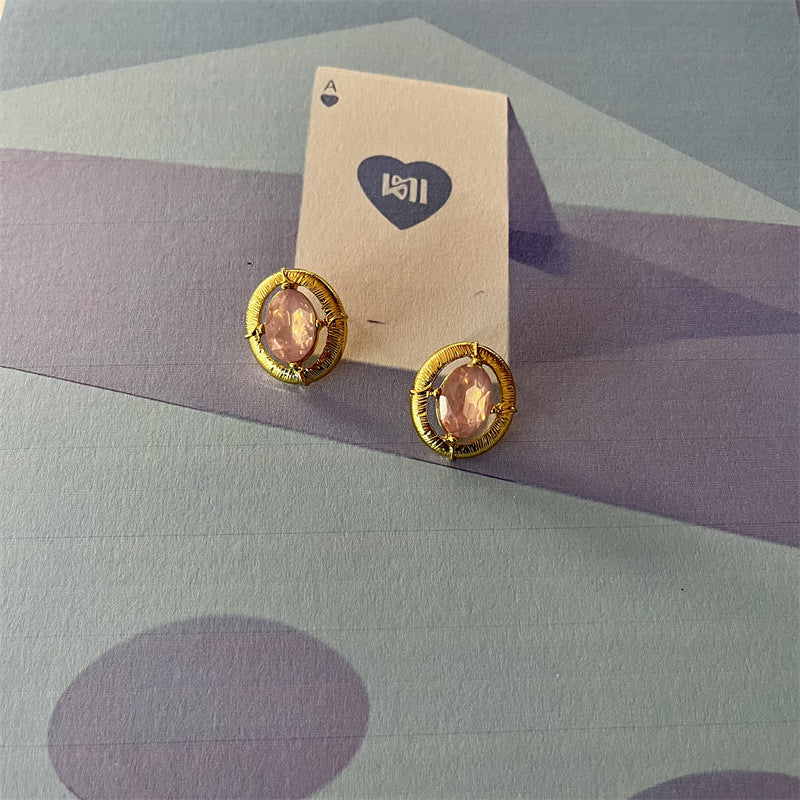 Elaborate Maillard Style Flowers Stud Earrings For Women In Natural Pink With Crystal Inlay, Made Of Zinc Alloy