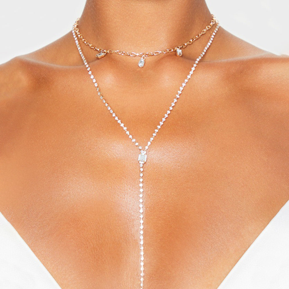 Silver Tassel Double Layer Necklace For Women With Rhinestone Pendant In Alloy