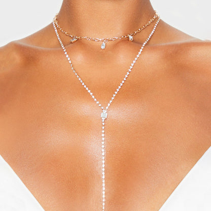 Silver Tassel Double Layer Necklace For Women With Rhinestone Pendant In Alloy