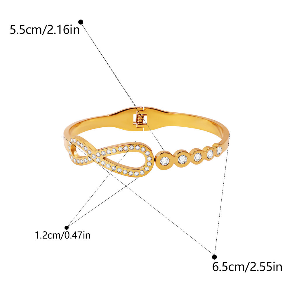 Infinity Pattern Titanium Steel Bangle With Zircon Inlay, Electroplated Gold Plating