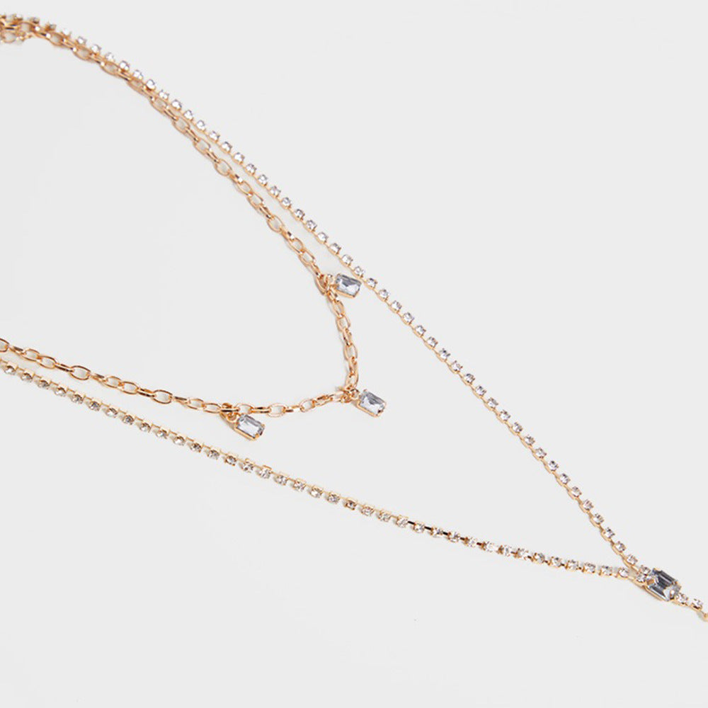 Silver Tassel Double Layer Necklace For Women With Rhinestone Pendant In Alloy